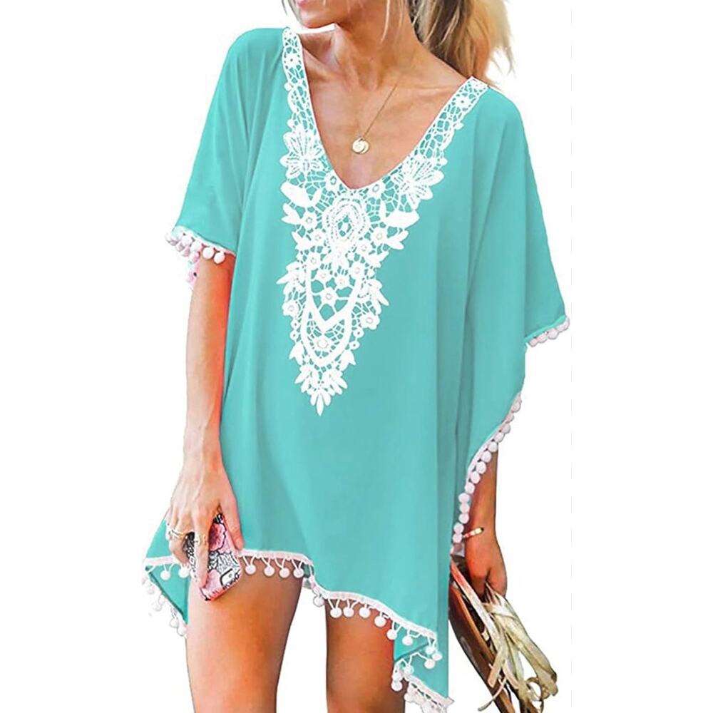 Turquoise Crochet Lace Deep V-Neck Cover Up Tunic Beach Boho Size S/M Pom Pom